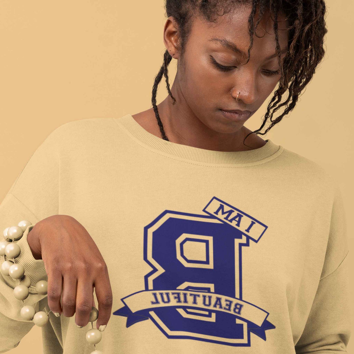 "I Am Beautiful" Mirror Print Sweatshirt Peach