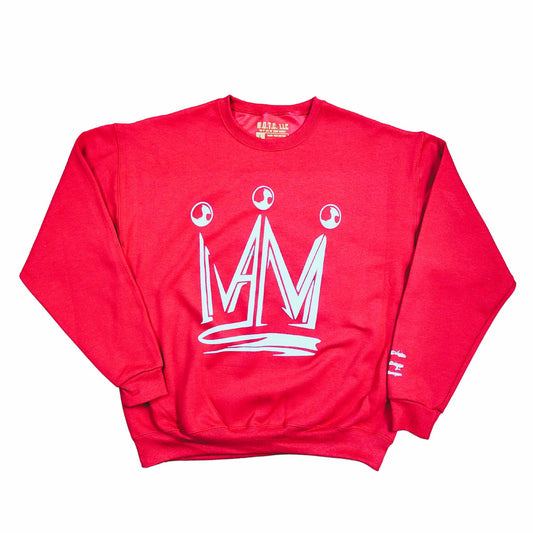 Red sweatshirt with I Am print on front chest