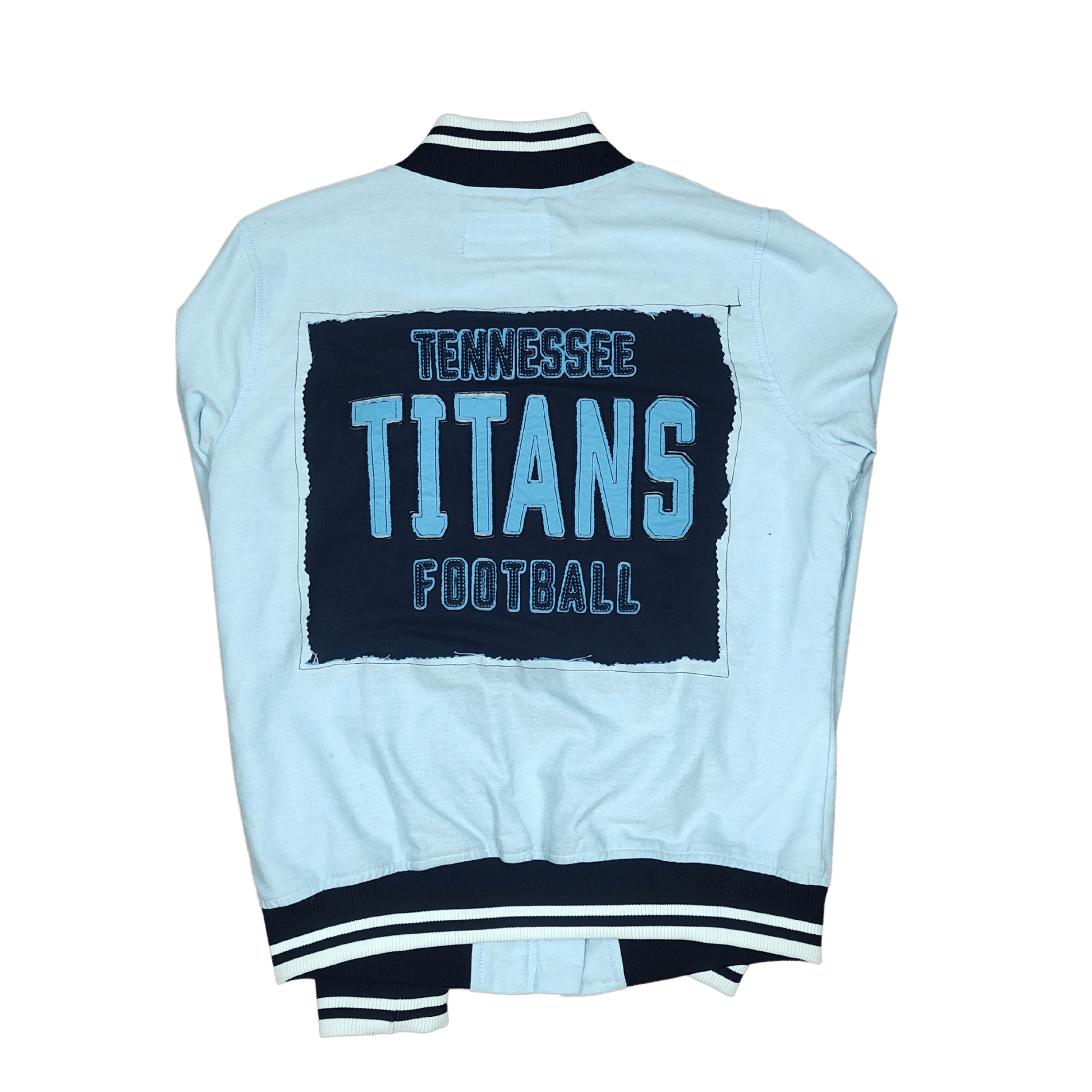 Back view of light blue jacket, Tennessee Titans Football sewn on back