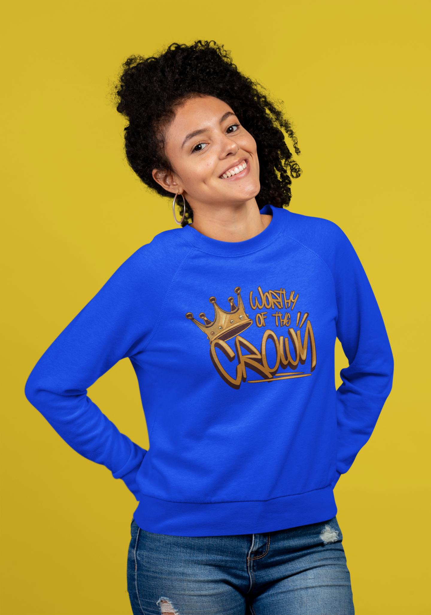 Woman wearing Blue Sweatshirt