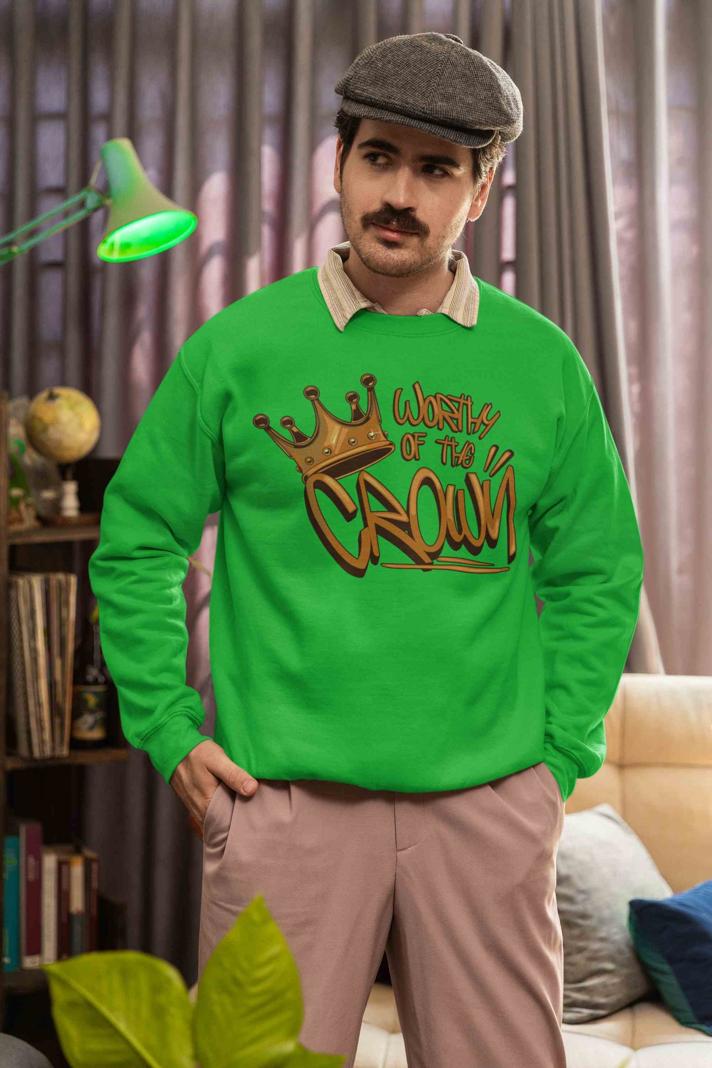 Man wearing Kelly Green sweatshirt